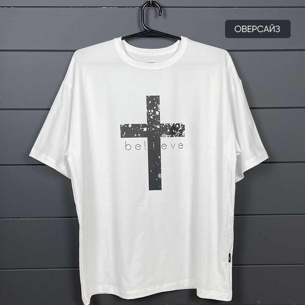 футболка оверсайз з хрестом, принт believe